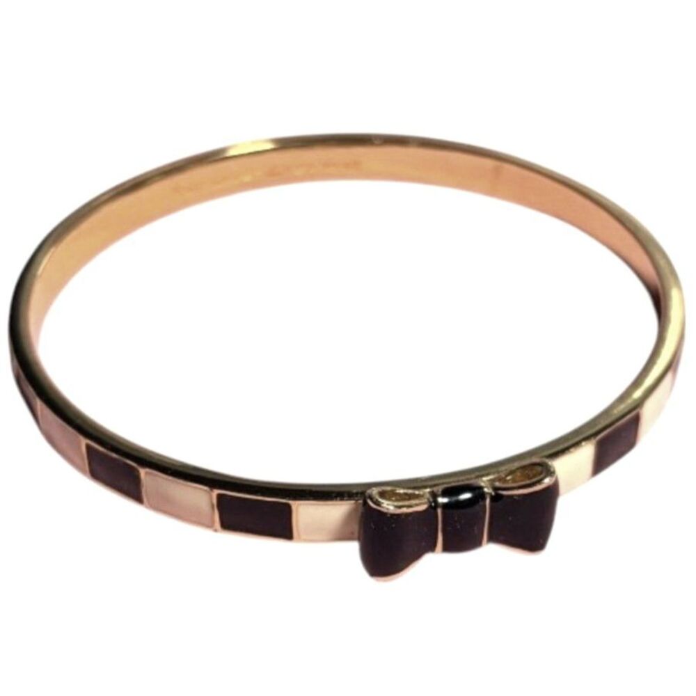 Kate Spade Take A Bow Black And Cream Stripe Enamel Bangle Bracelet - Gold Tone - Picture 1 of 6